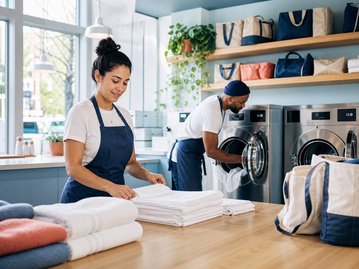 A storefront team preparing fresh laundry